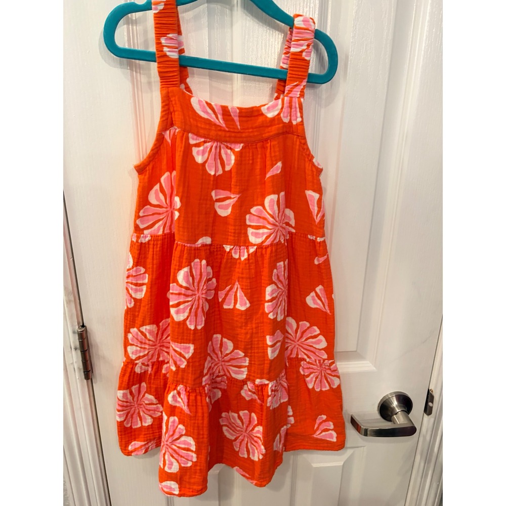 Crewcuts Dress Orange Pink Floral Tiered Cotton Gauze Sundress Summer Kids 8